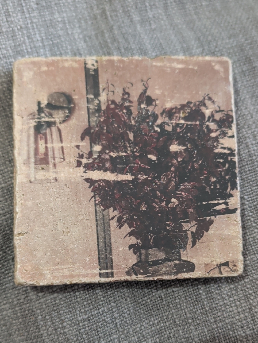 Vintage Style Botanical Stone Coaster - Burgundy Plant Print Handcrafted